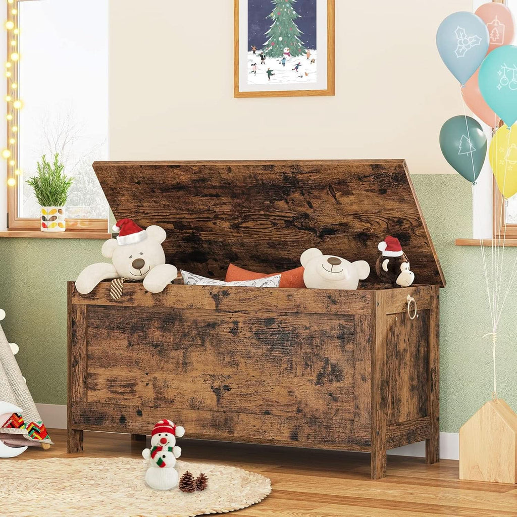 Rustic brown wooden storage bench and toy box with slow-close safety hinges and side rings — view 2