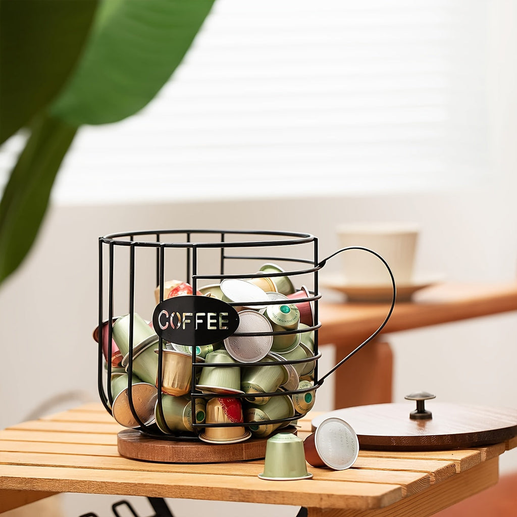 Metal wire coffee pod holder basket with lid and solid wooden base. — view 4