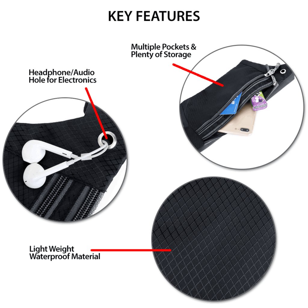 Waterproof nylon fanny pack and running belt with adjustable strap and multiple secure zipper pockets — view 4