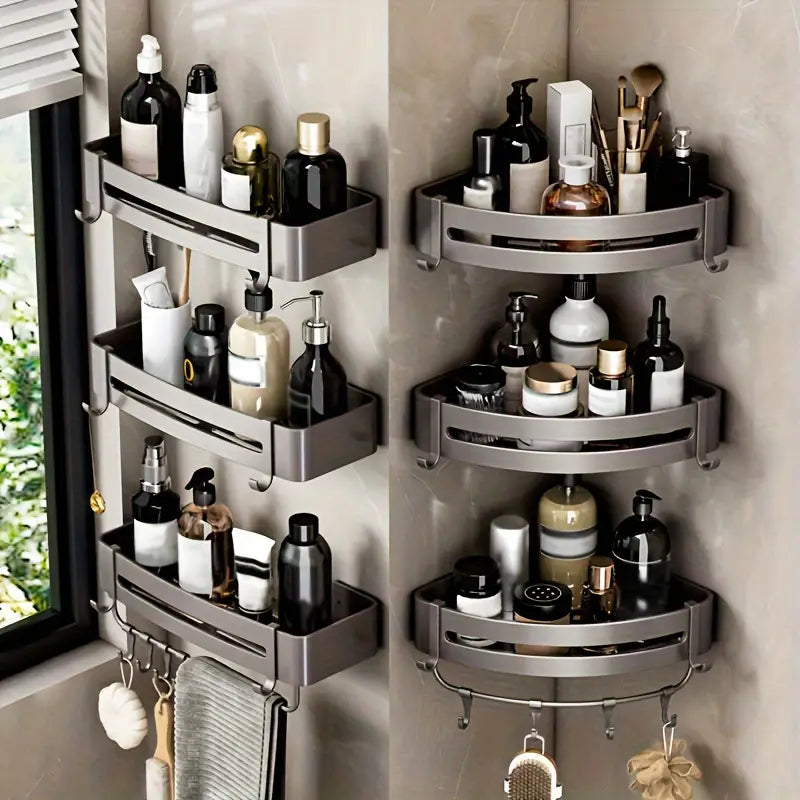 Three tier matte black aluminum corner bathroom shelf with non-drill adhesive mounting — view 2