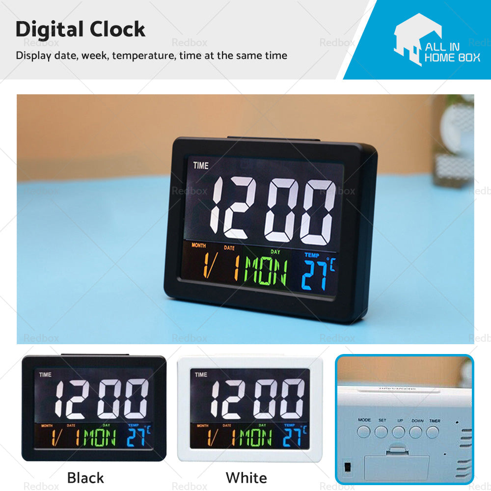 Large white digital LED wall and desk clock displaying time date and temperature