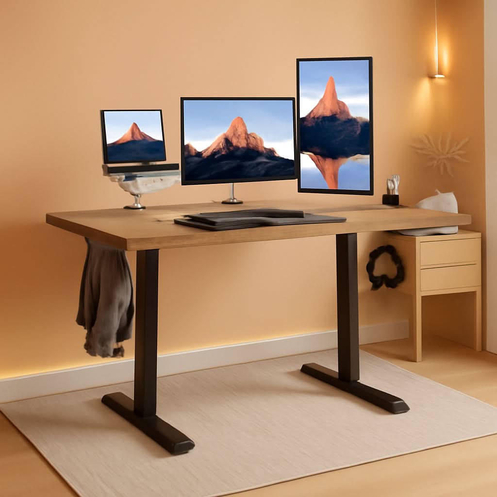 Vintage brown electric standing desk with adjustable steel frame for modern home office workstations.