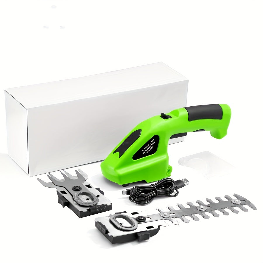 Cordless 2-in-1 grass shear and hedge trimmer in green with handheld USB rechargeable design