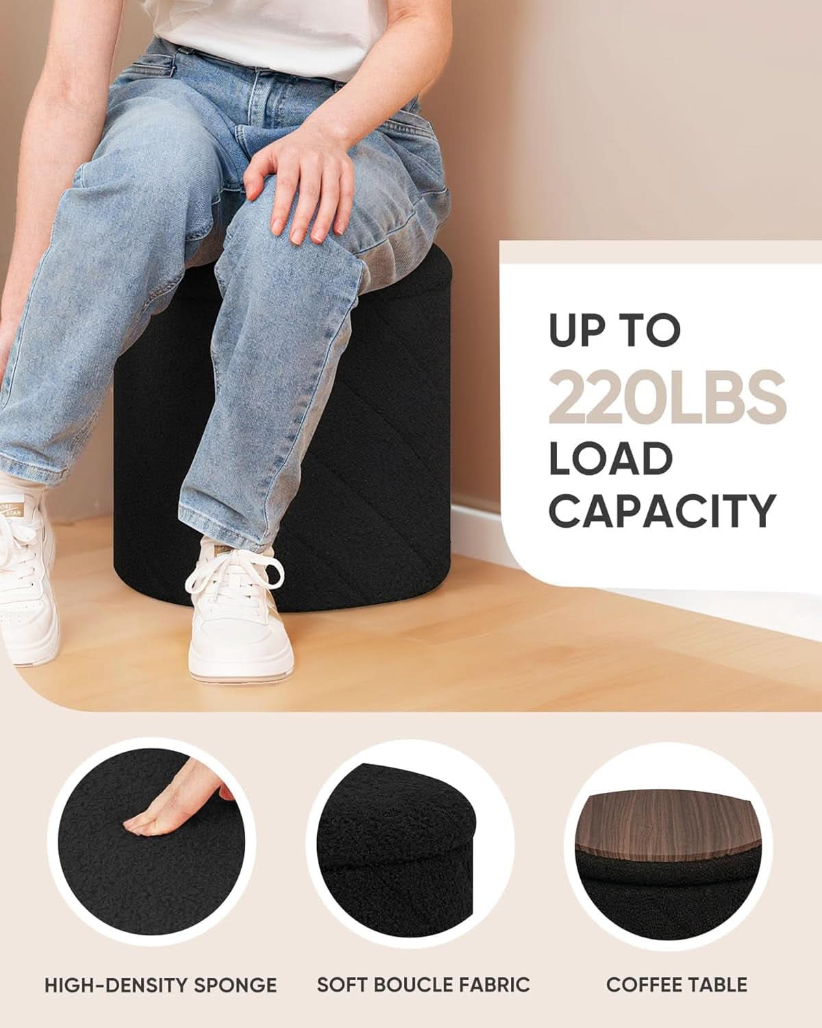 Black teddy boucle round storage ottoman with a wooden tray lid and hidden internal compartment — view 3