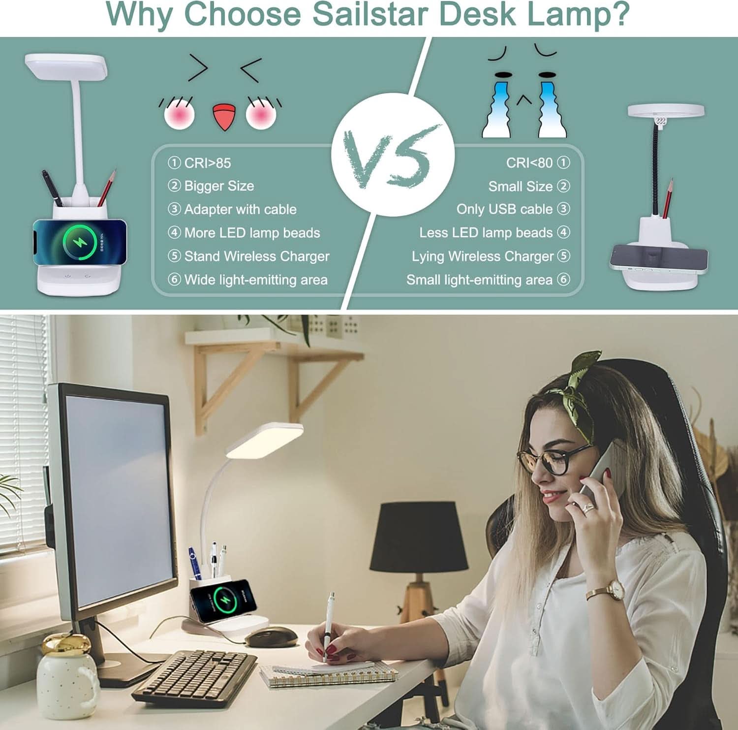 White LED desk lamp with built-in wireless charger pen holder and flexible gooseneck for office organization — view 2