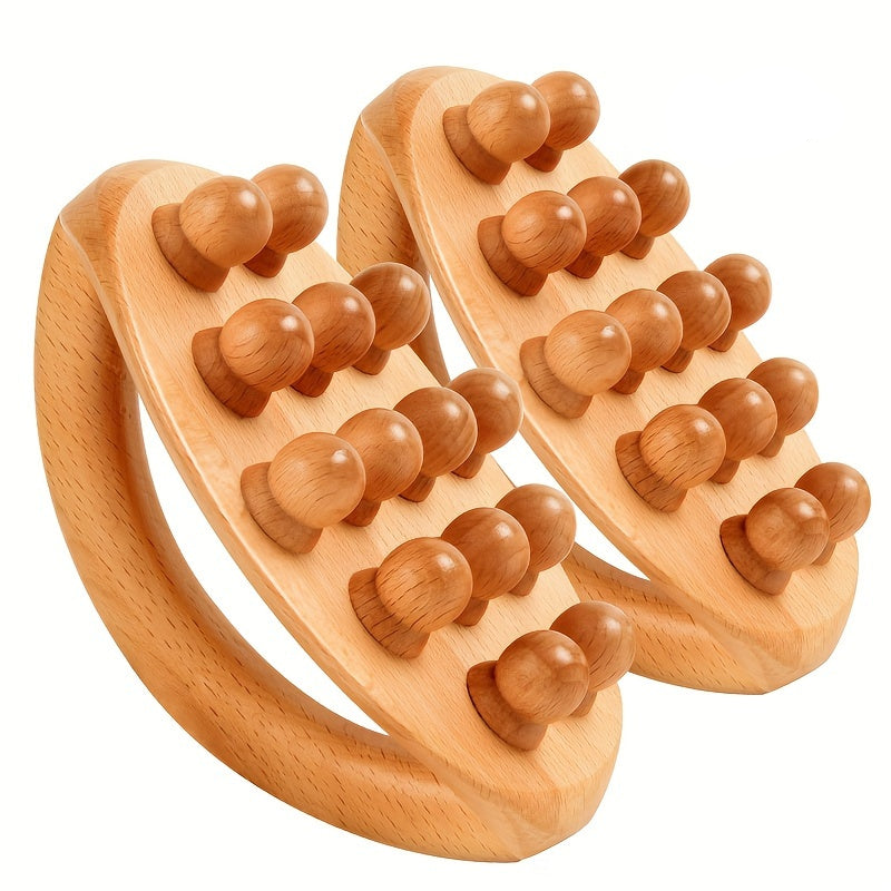Two brown carbonized solid wood 12-bead Gua Sha massage sticks for full body myofascial release
