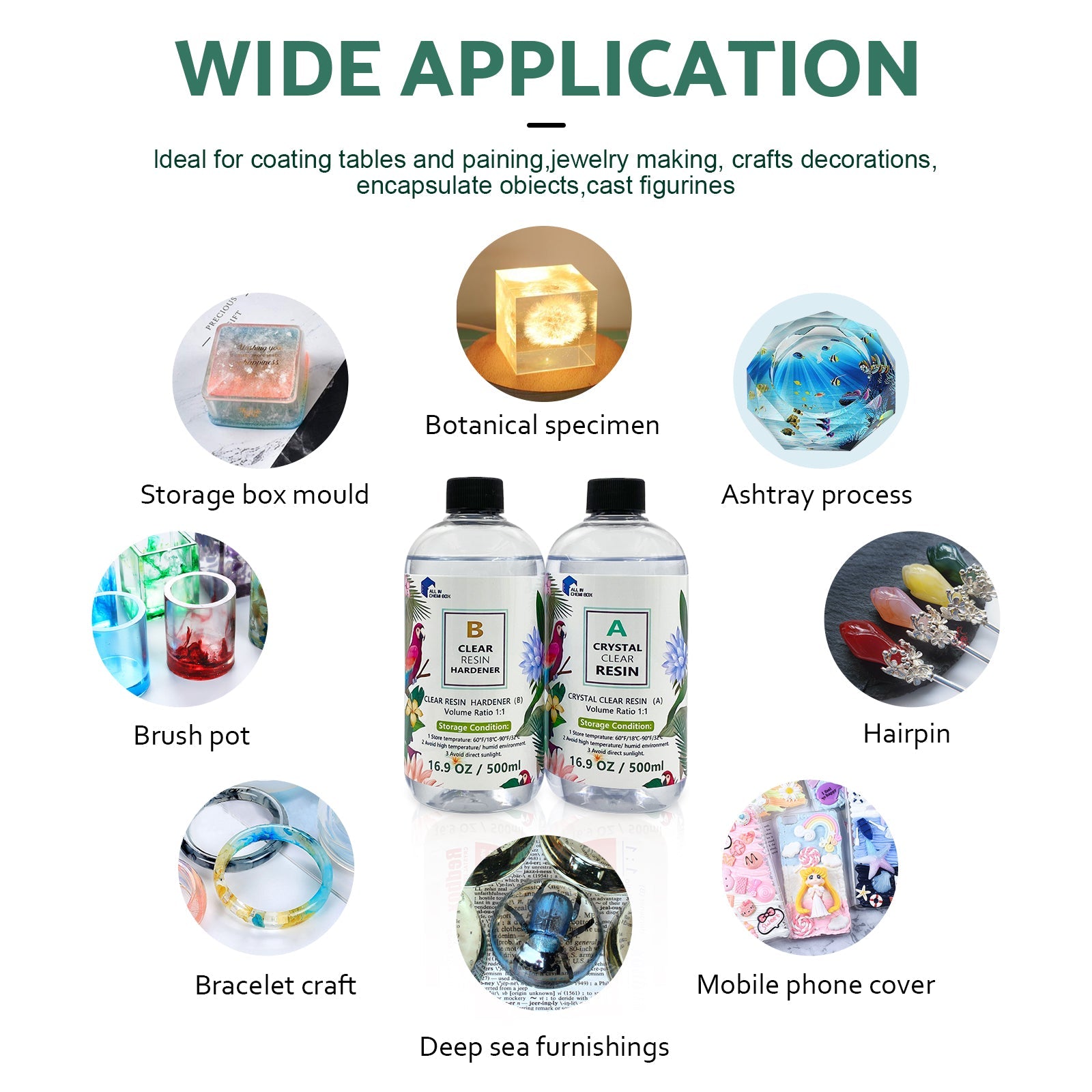 Crystal clear epoxy resin casting kit bottles with protective gloves and silicone craft molds — view 3