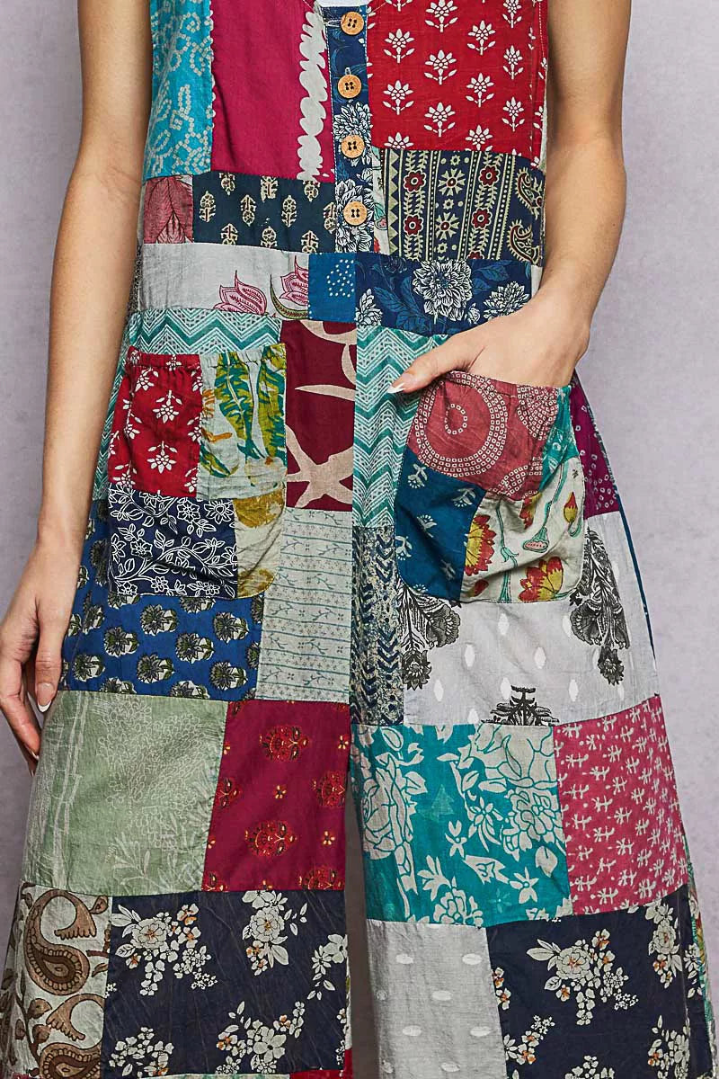 POL sleeveless patchwork wide leg jumpsuit in 100% cotton with deep V-neck and patch pockets — view 5