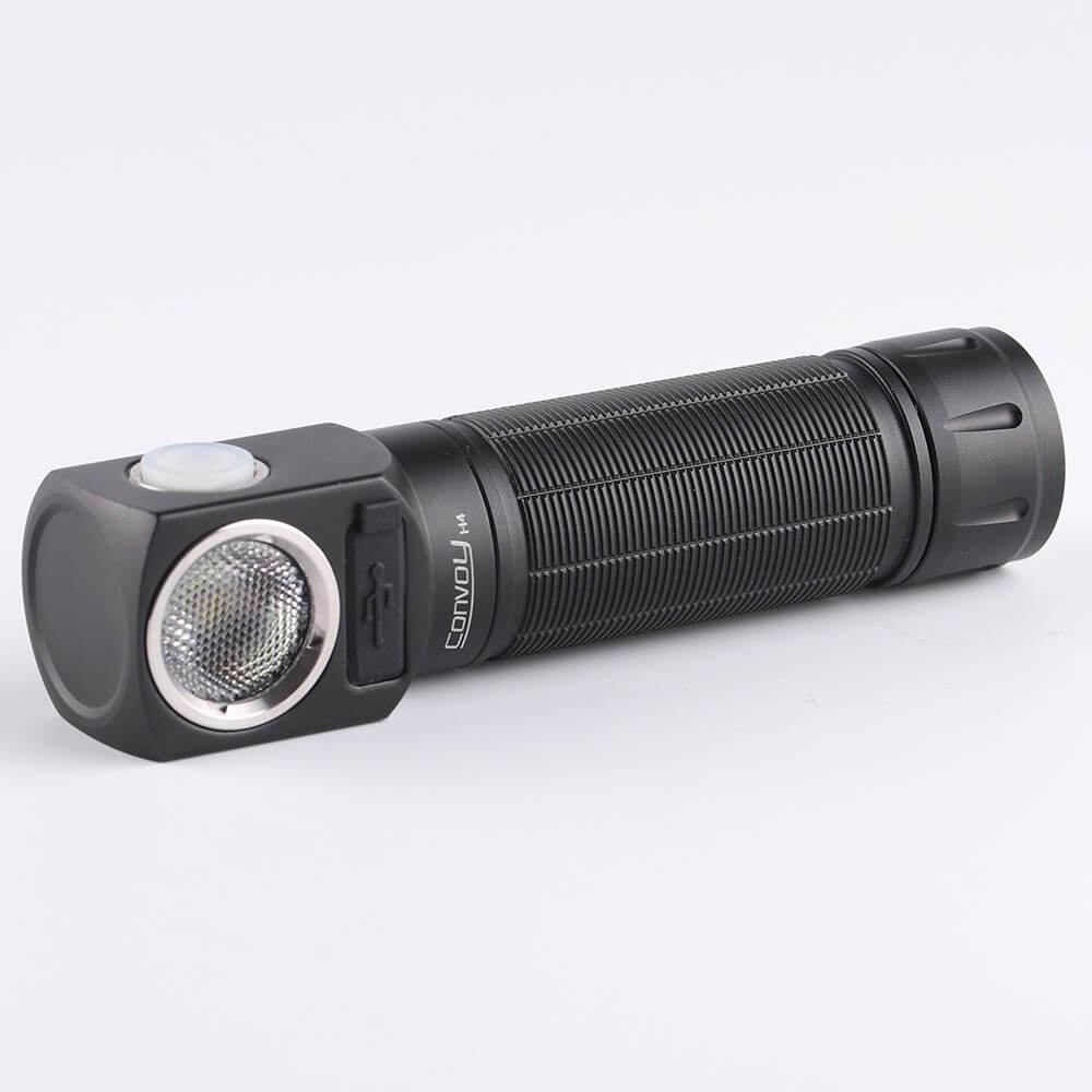 Black aluminum alloy Convoy H4 headlamp with a blue adjustable headband and metallic clip — view 5