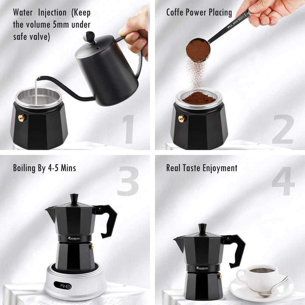 Classic Italian moka pot stovetop espresso maker with two matching coffee cups on kitchen counter — view 2