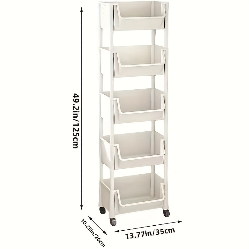 Light beige 5-tier mobile bookshelf utility cart with rolling wheels and recessed backless plastic shelves. — view 2