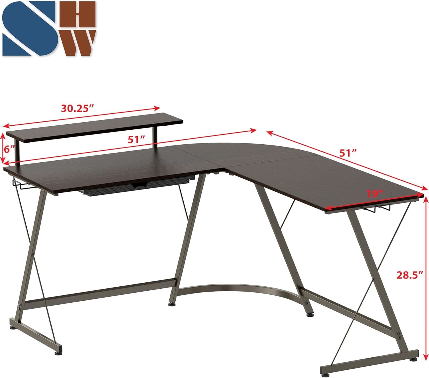 Espresso Vista L-shaped corner desk with steel frame, monitor stand, and drawer — view 3