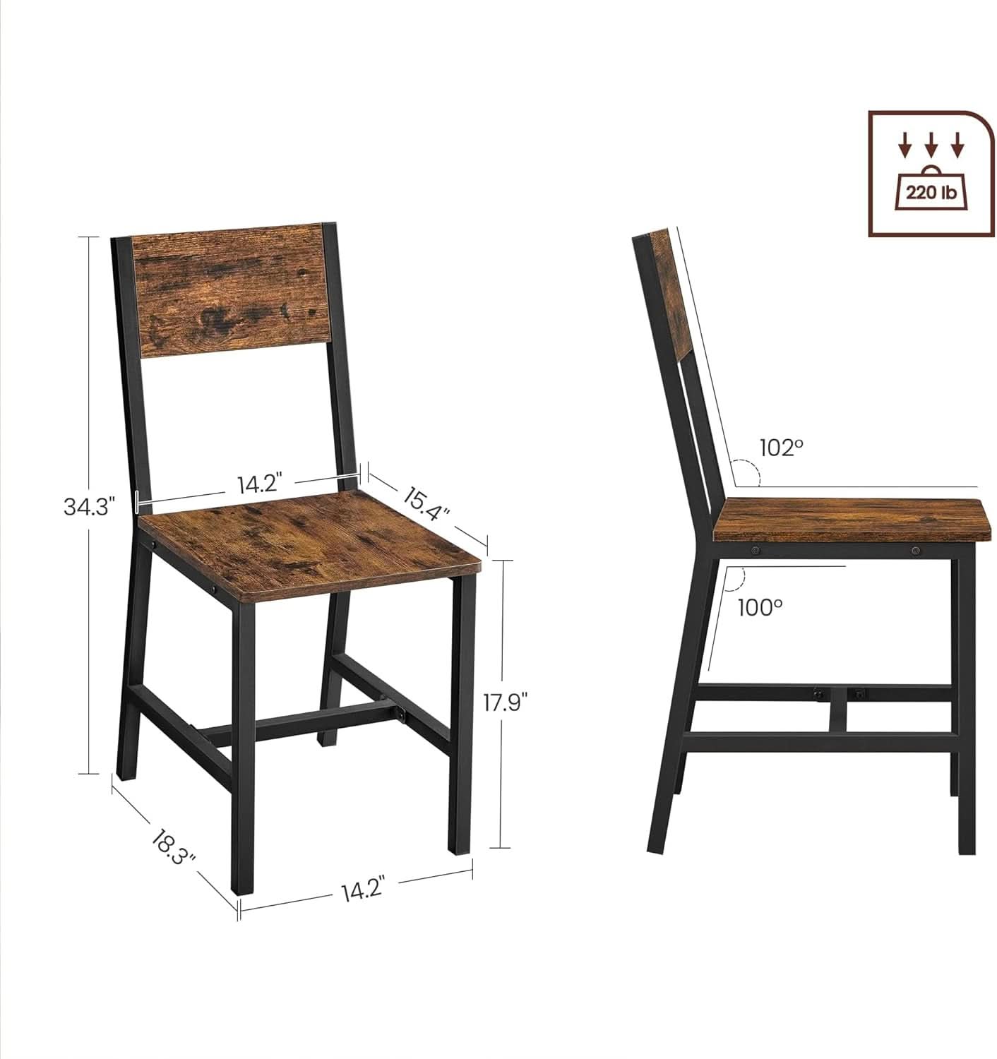 Rustic wood dining chairs set of two with brown seat and black metal frame — view 2