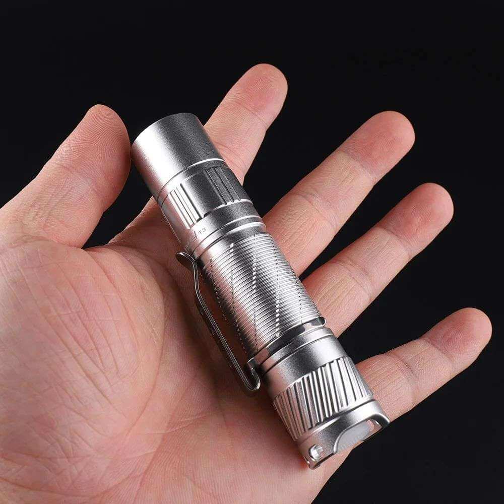 Convoy T3 14500 EDC flashlight in durable aluminum alloy with pocket clip and carry lanyard