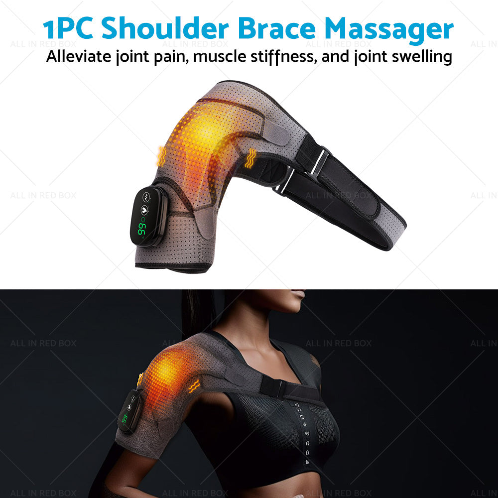 Rechargeable heated shoulder brace massager compression wrap in grey and black with intelligent control panel — view 3