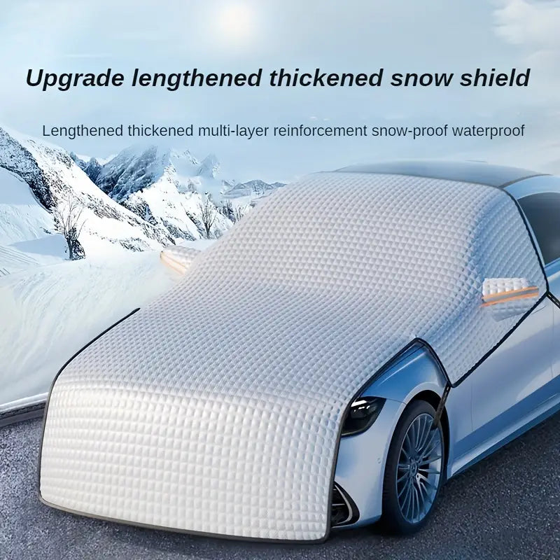 Universal car snow shield in silvery finish covering a vehicle windshield for winter ice protection — view 3