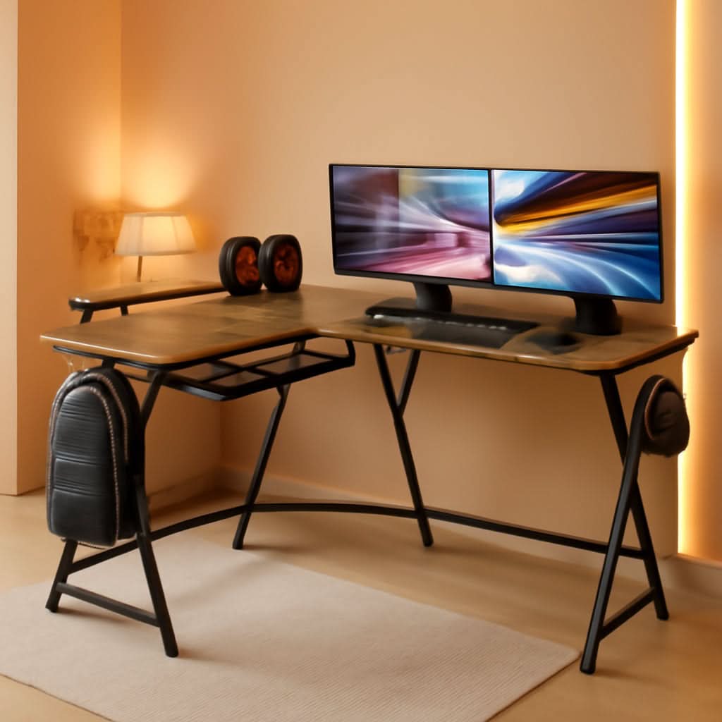 Vista L-shaped corner computer desk in walnut finish with removable monitor stand and steel frame