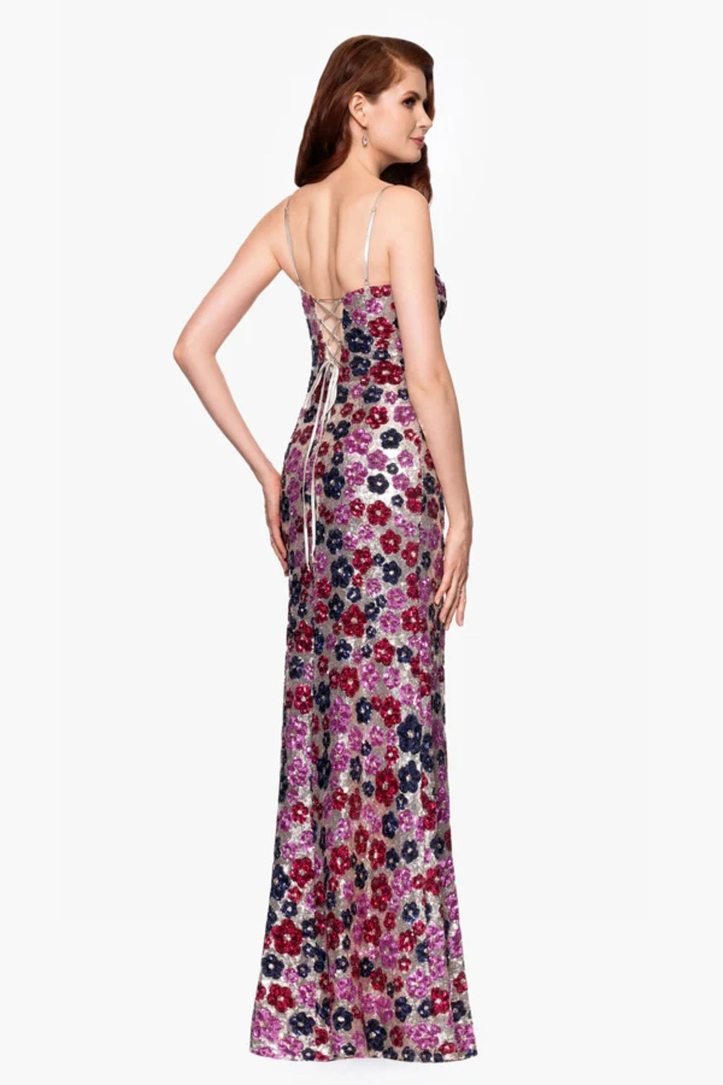 Floral Sequin Maxi Dress High Slit Betsy & Adam A27017-1