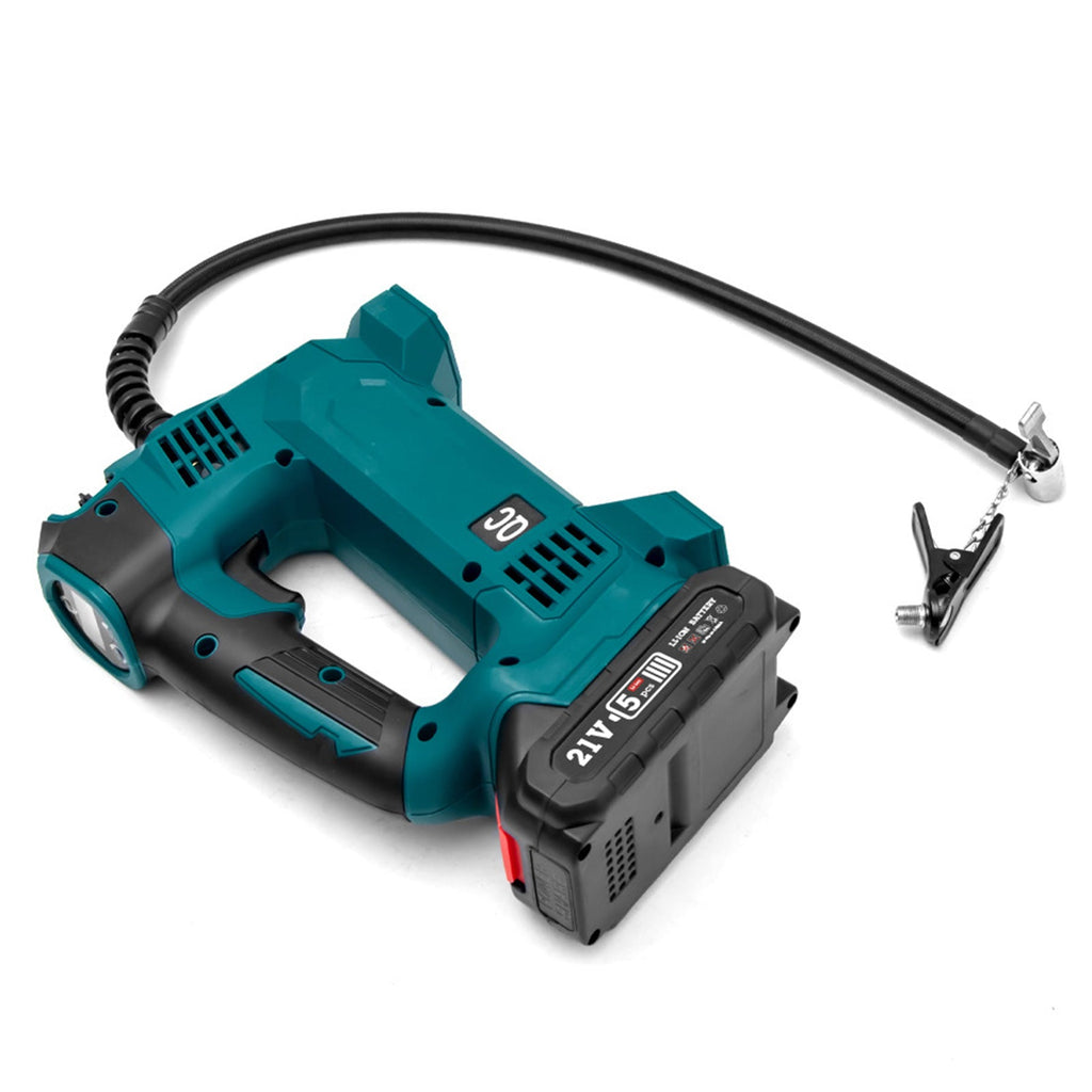 Black cordless portable tyre inflator pump with digital display, battery, charger, and multiple nozzle adapters — view 2