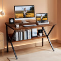 Espresso brown 27.5-inch compact computer desk with built-in monitor stand and lower storage shelf