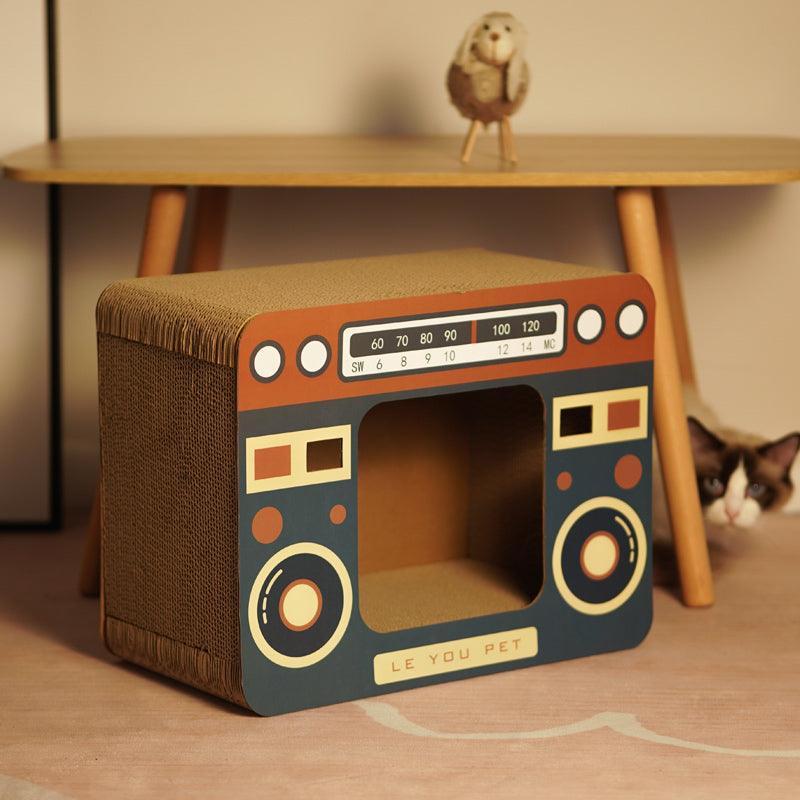 Retro radio style cat scratcher with corrugated cardboard and integrated hidden cat litter compartment — view 2