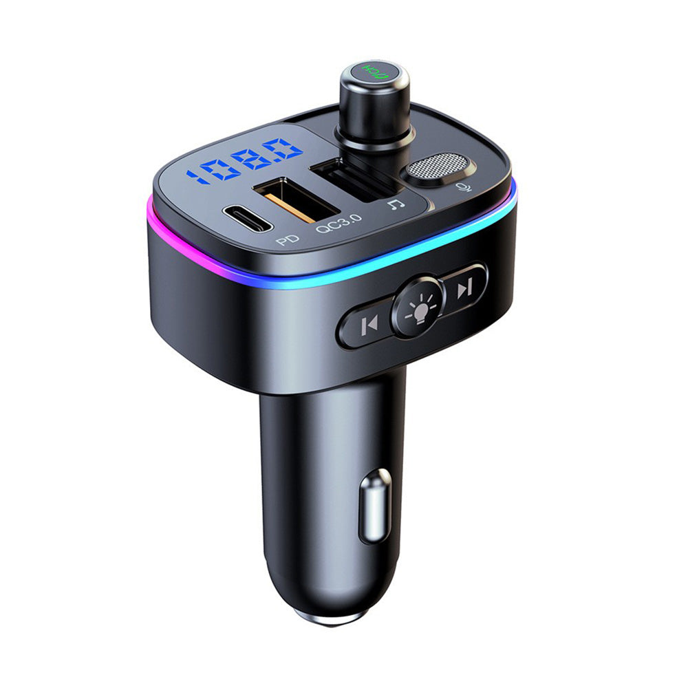 Black wireless Bluetooth FM transmitter car adapter with digital display and LED ring light.