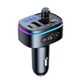 Black wireless Bluetooth FM transmitter car adapter with digital display and LED ring light.