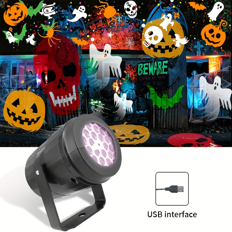 RGB LED Halloween projector light casting spooky motion patterns in a compact black plastic casing — view 2