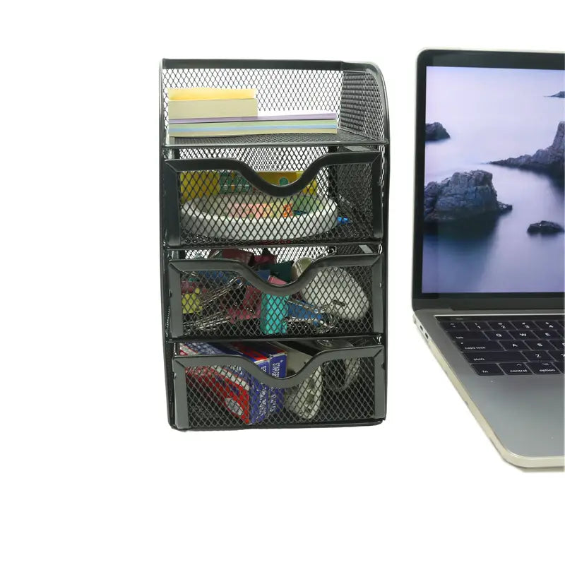 4 tier mesh desk organizer with three drawers in powder coated iron holding office supplies — view 4