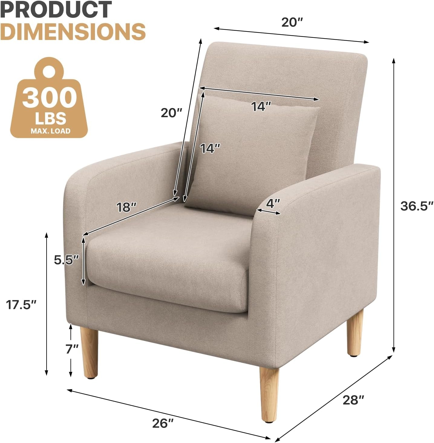 Beige upholstered contemporary accent chair with rubberwood legs and a cushioned lumbar support pillow. — view 2