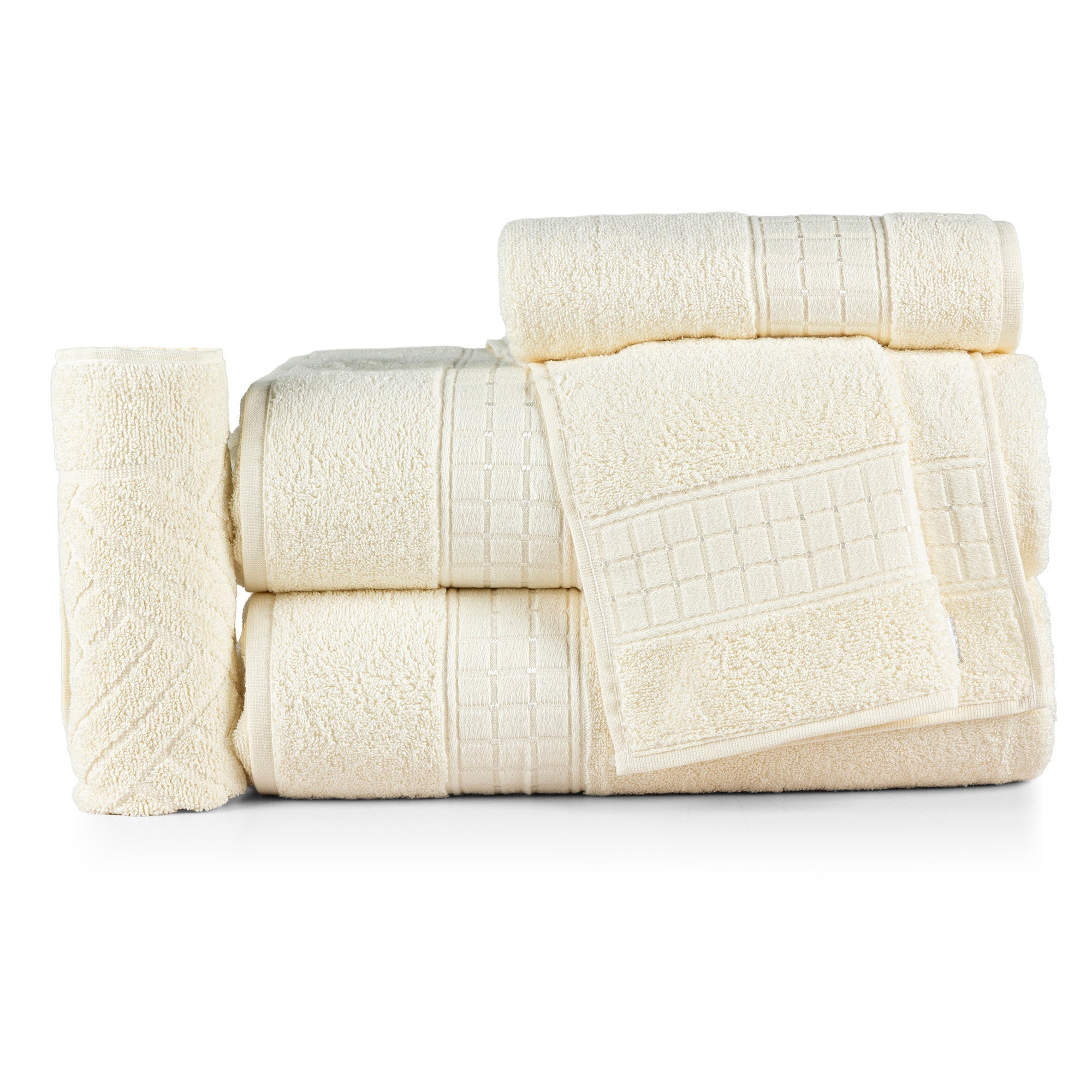 5-piece white cotton towel set featuring bath towels, hand towels, and one plush bath mat — view 5