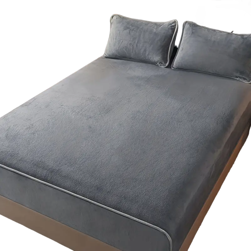 Solid grey milk fleece queen fitted sheet tightly secured on a mattress for comfortable sleeping
