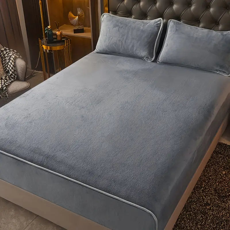 Solid grey milk fleece queen fitted sheet tightly secured on a mattress for comfortable sleeping — view 4