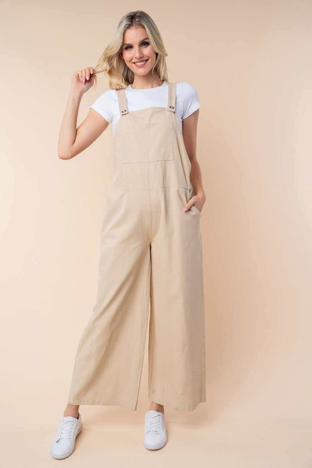 White Birch sleeveless wide leg jumpsuit in solid cotton with functional pockets for women. — view 5