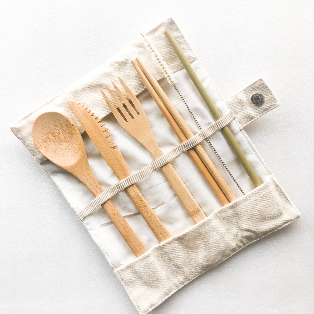 Natural bamboo travel cutlery set with organic cotton pouch fork spoon knife chopsticks and reusable straw — view 2