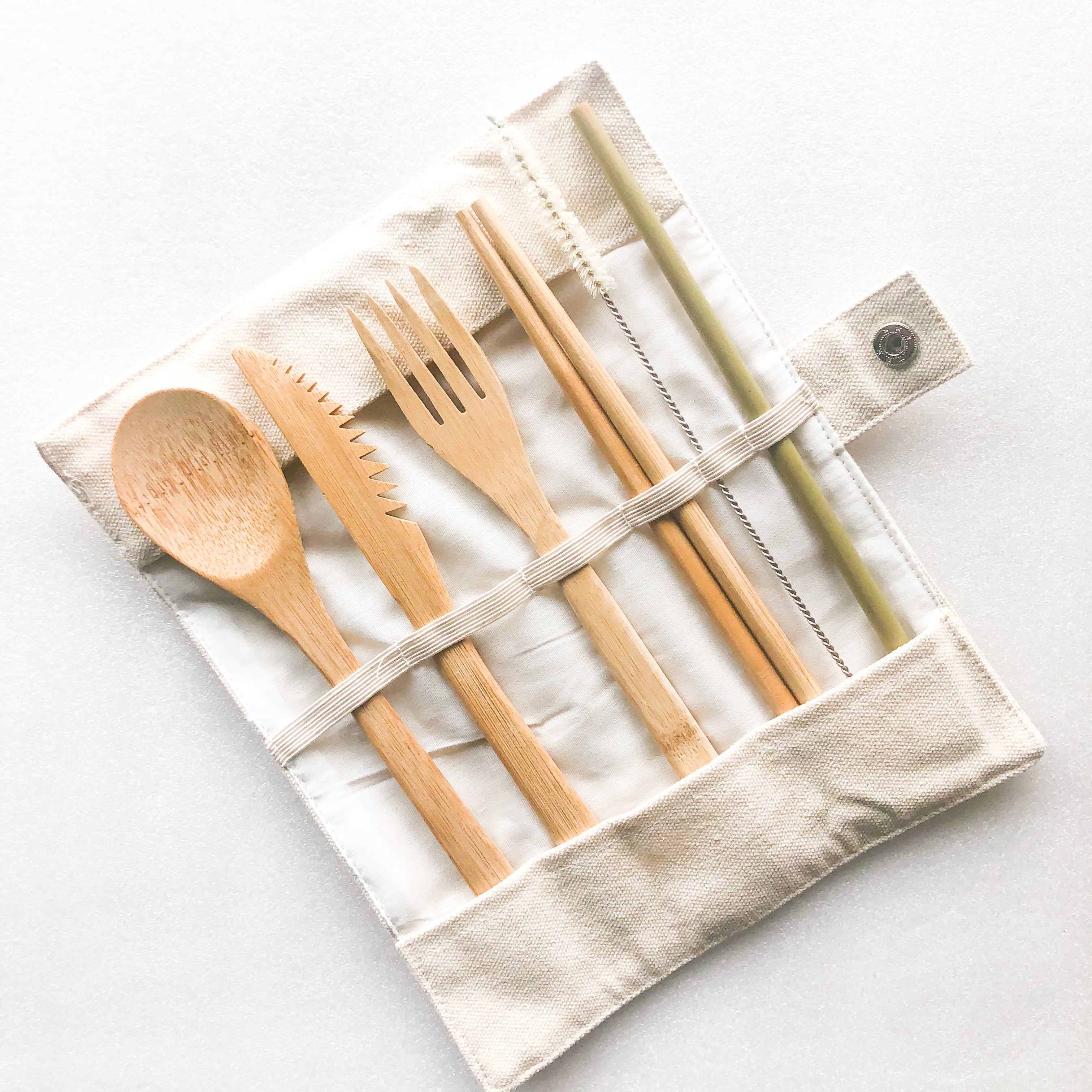 Natural bamboo travel cutlery set with organic cotton pouch fork spoon knife chopsticks and reusable straw — view 2
