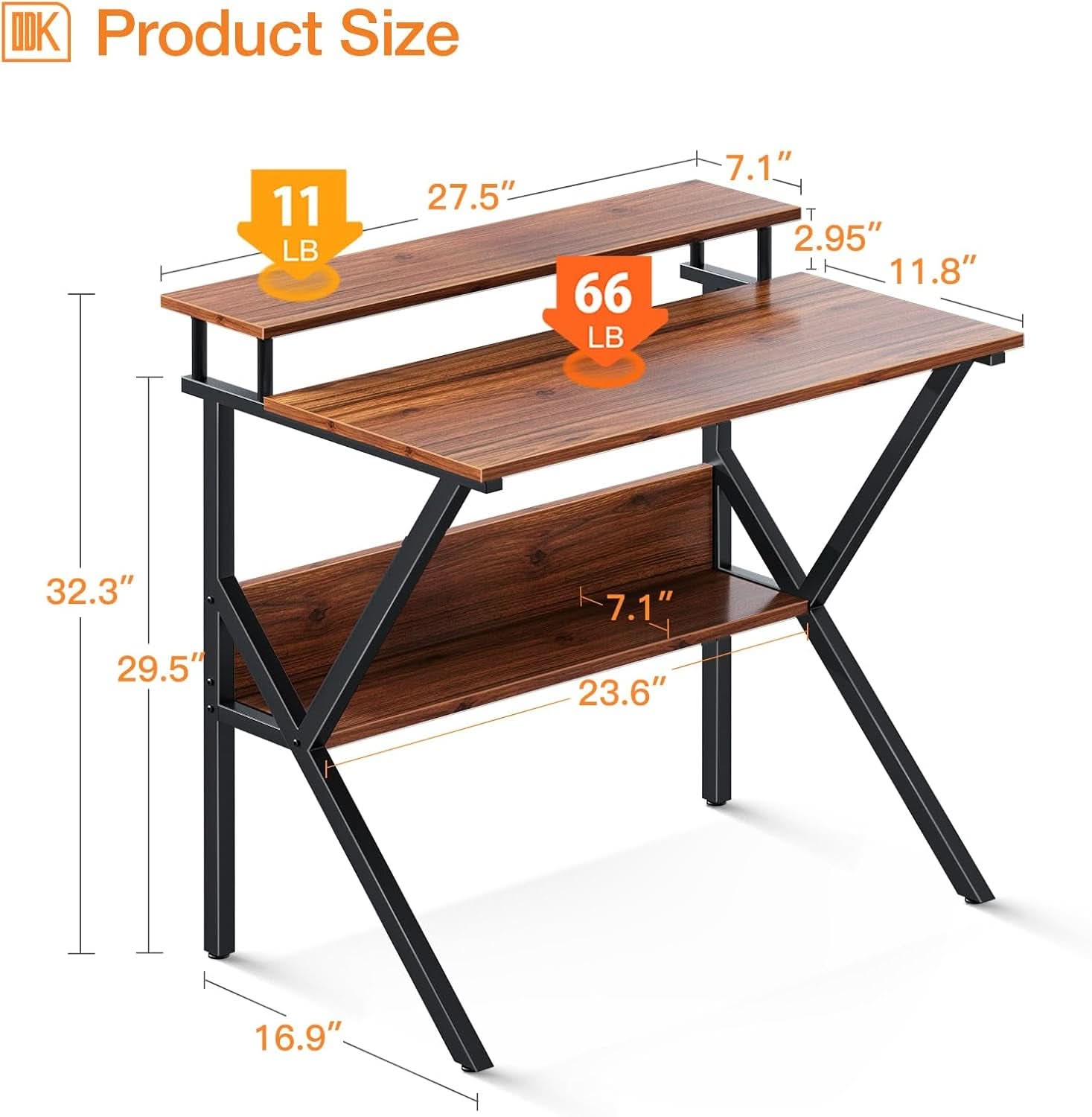 Espresso brown 27.5-inch compact computer desk with built-in monitor stand and lower storage shelf — view 3