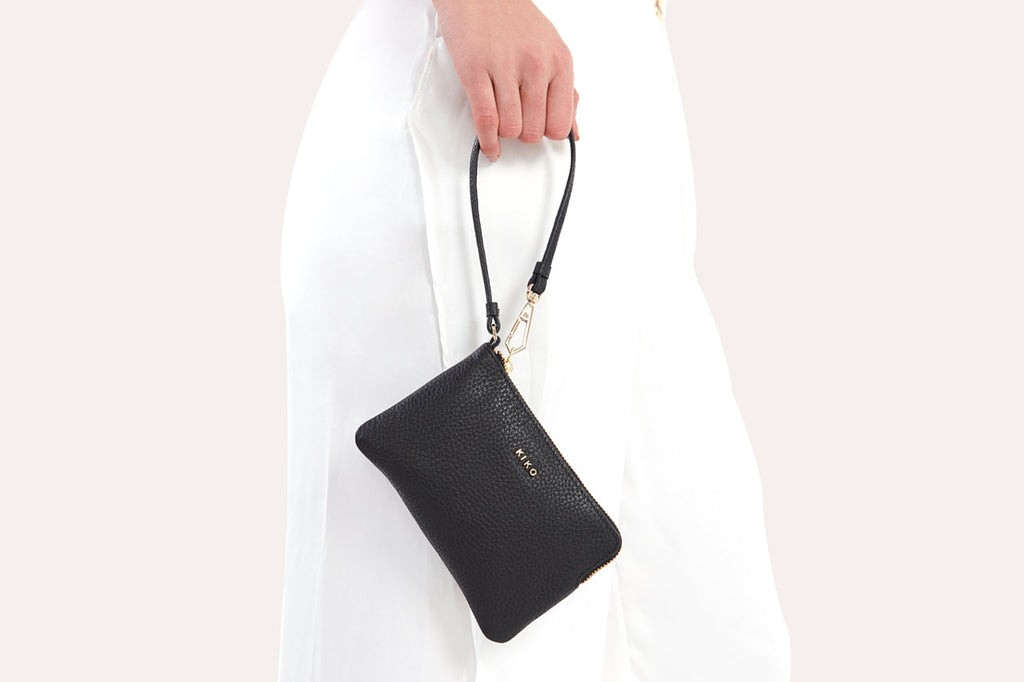 Small genuine pebble leather wristlet with attached strap and zip closure for women — view 3