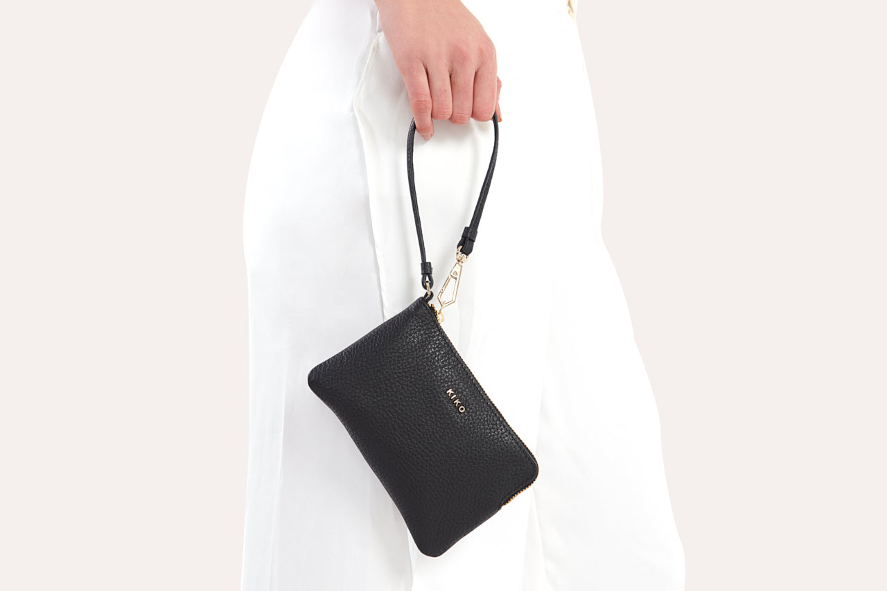 Small genuine pebble leather wristlet with attached strap and zip closure for women — view 3