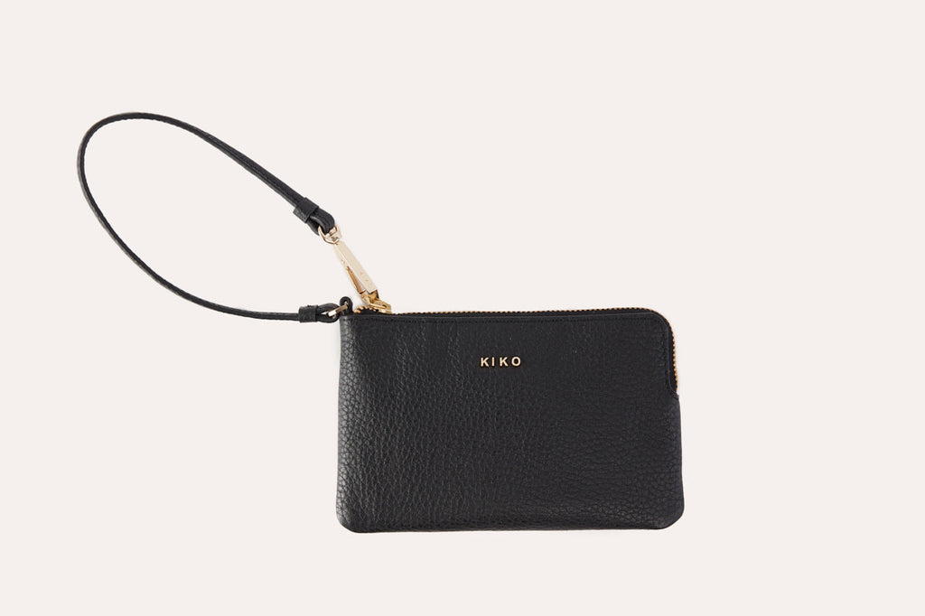 Small genuine pebble leather wristlet with attached strap and zip closure for women — view 2