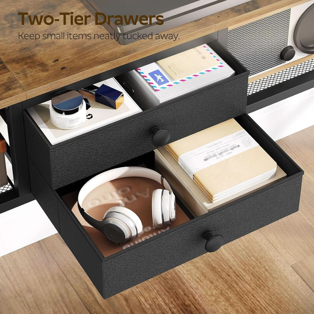 Rustic brown wall mounted TV stand with charging station, mesh shelves, and fabric drawers — view 5