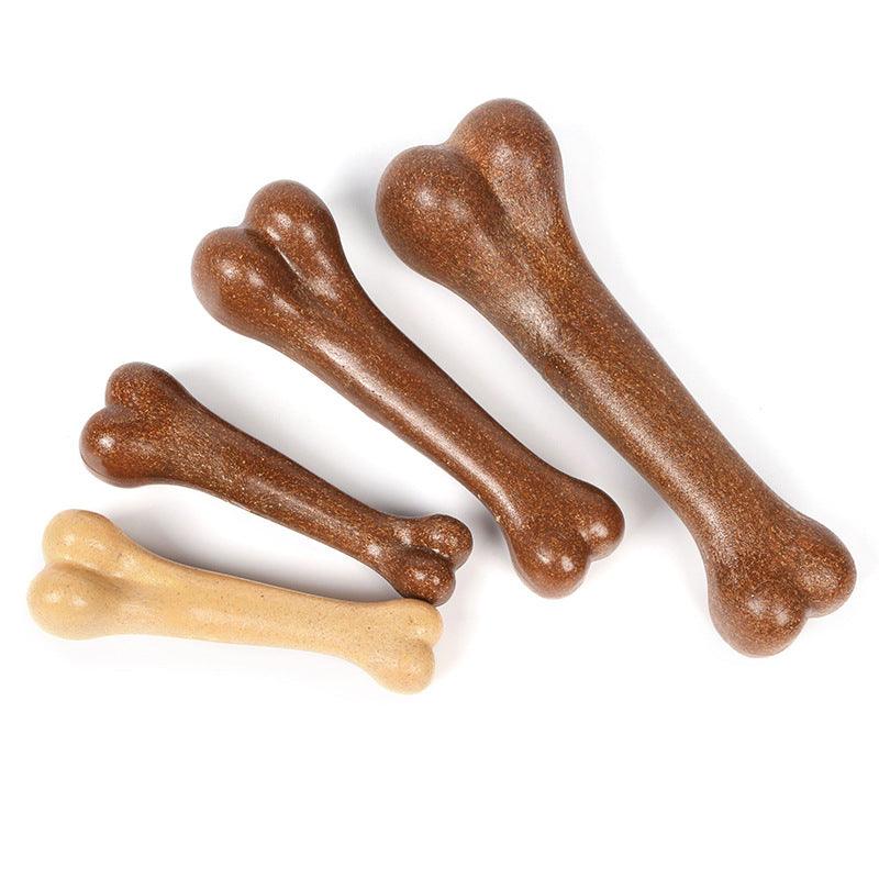 Beefy delight dog chew toy in bone shape, made from durable plastic and wood chips — view 2