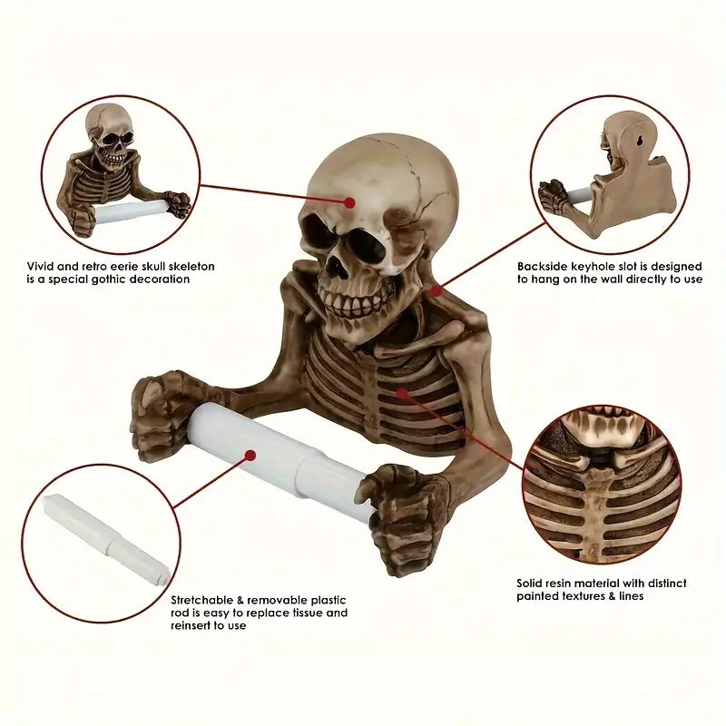 Retro gothic wall mounted skull toilet paper holder crafted from durable resin dispensing a roll — view 4