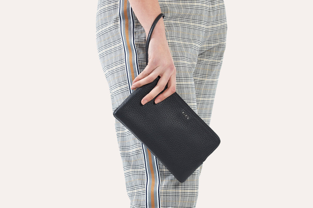 Large pebble leather wristlet wallet with double zipper compartments and card slots for women — view 2