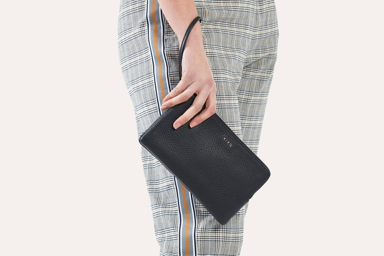 Large pebble leather wristlet wallet with double zipper compartments and card slots for women — view 2
