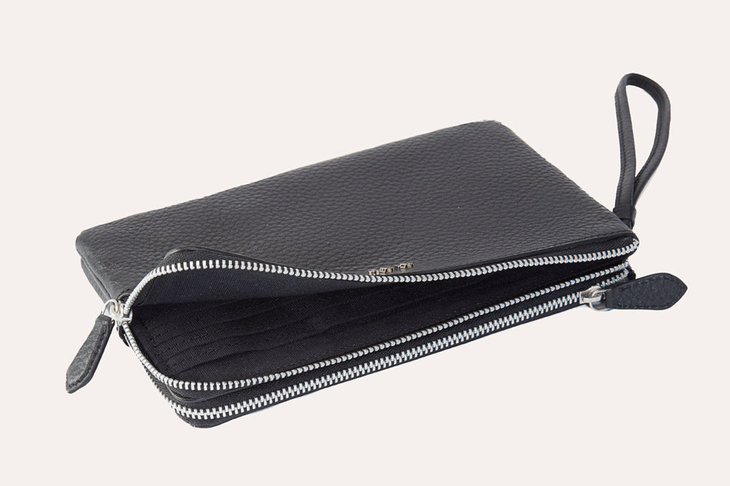 Large pebble leather wristlet wallet with double zipper compartments and card slots for women — view 4