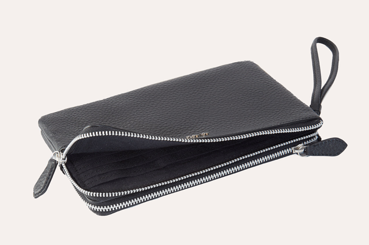 Large pebble leather wristlet wallet with double zipper compartments and card slots for women — view 4
