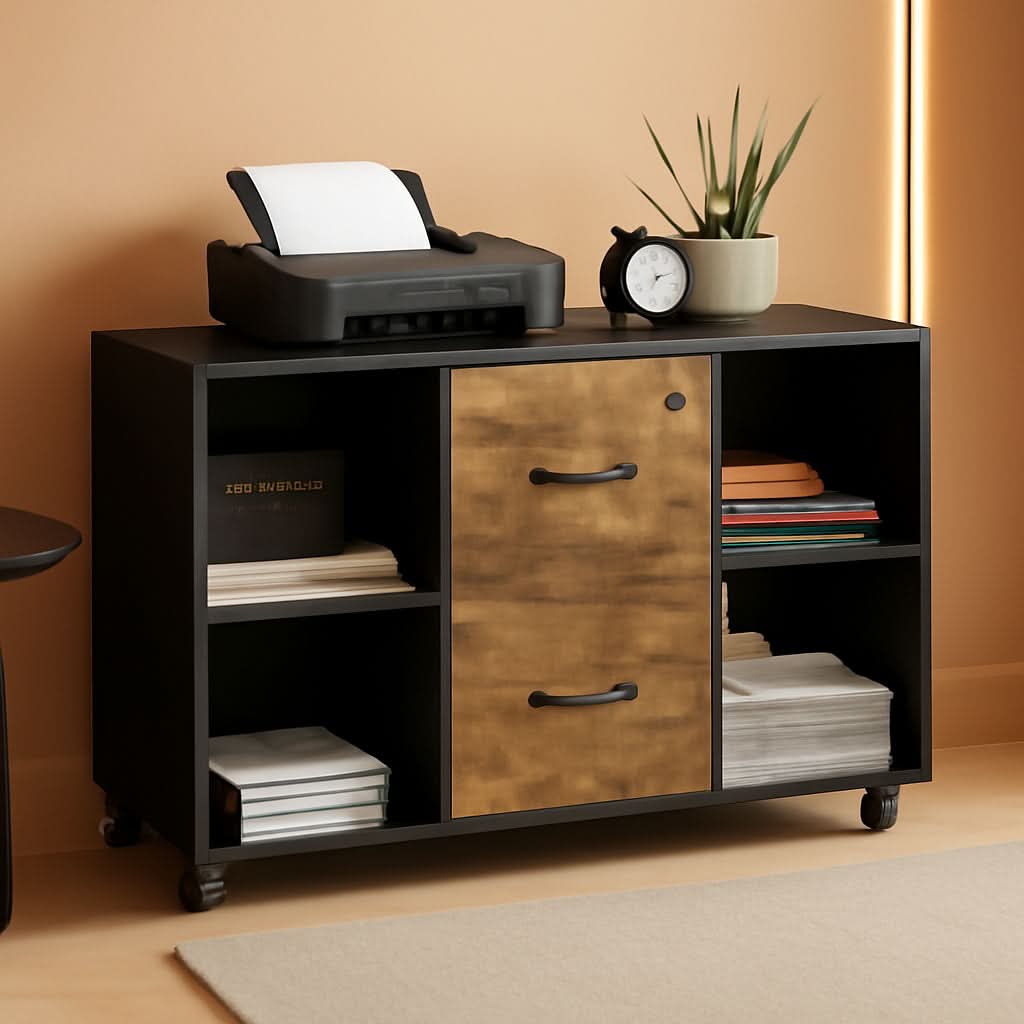 Black and rustic brown 2-drawer lateral filing cabinet with rolling castors and open compartments