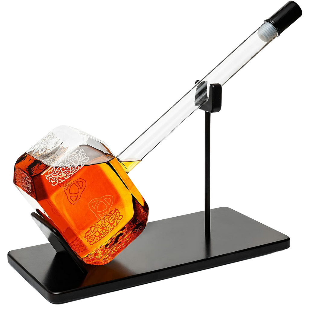 Clear hand-blown borosilicate glass Thor's hammer whiskey decanter for serving premium spirits at home.