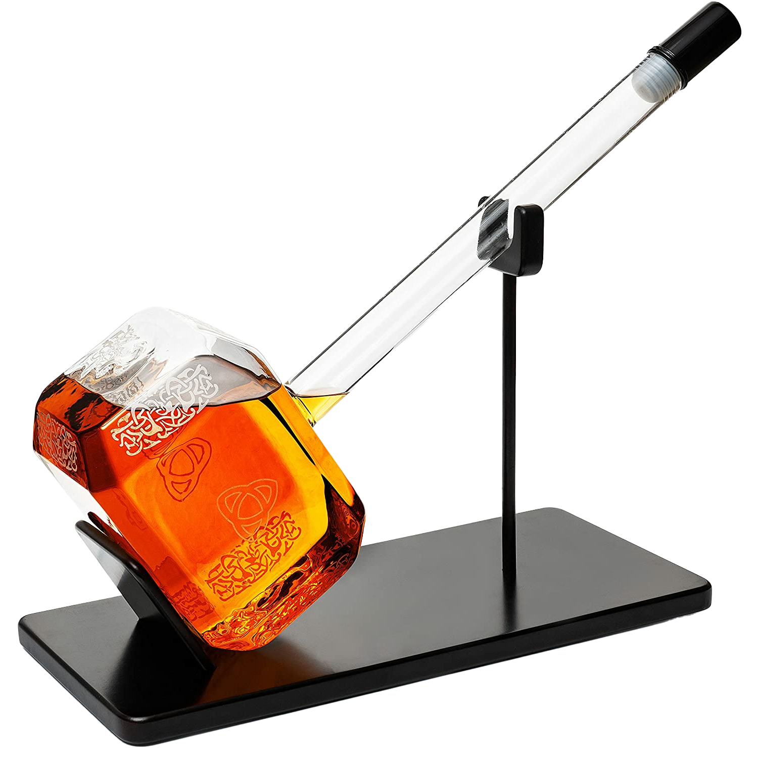 Clear hand-blown borosilicate glass Thor's hammer whiskey decanter for serving premium spirits at home.